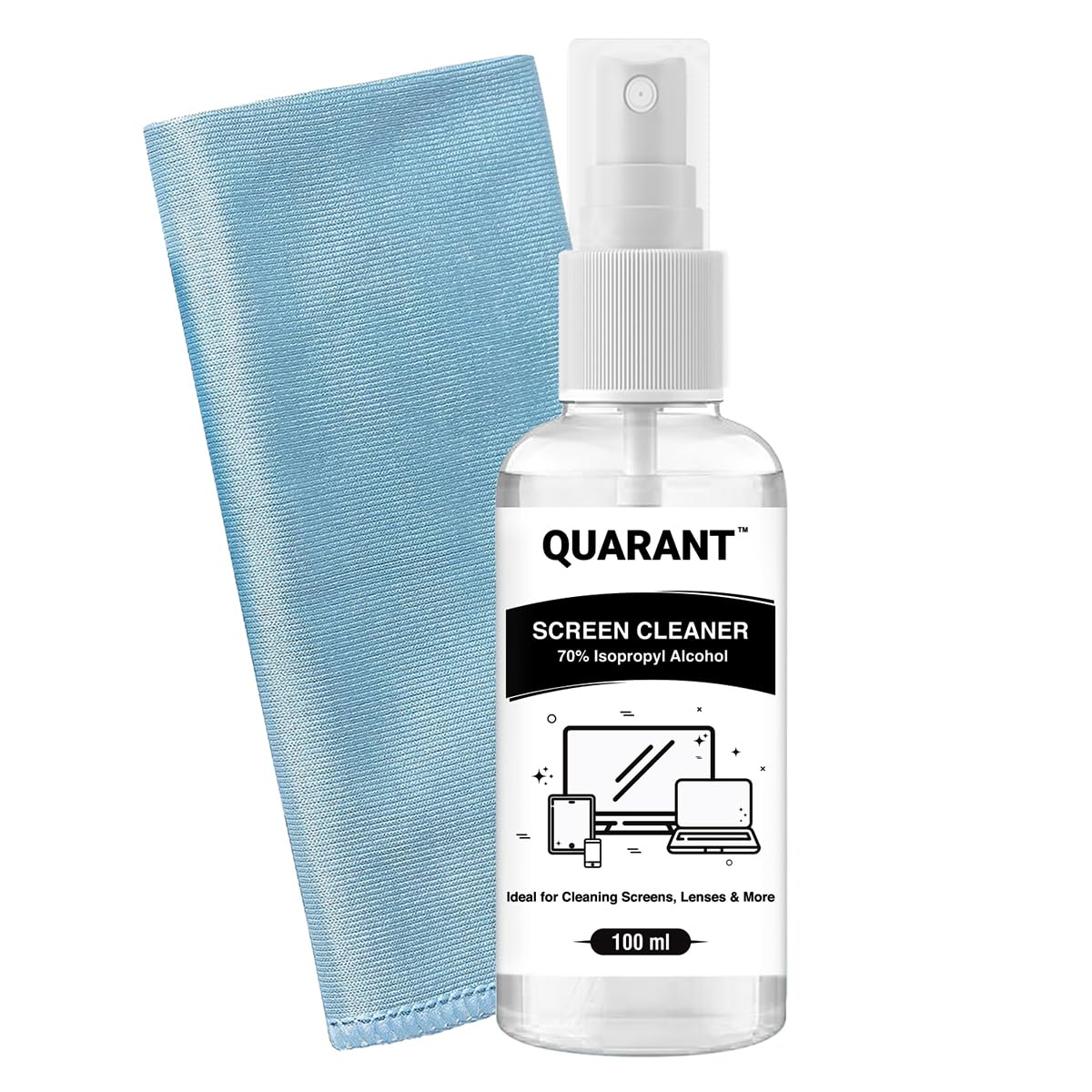 QUARANT Screen Cleaning Kit for Laptop, TV, Tablet, Mobile, Display, Glass & Lens, 100 ml Screen Cleaner Liquid Spray Bottle with 70% Isopropyl Alcohol & 300 GSM Dual Sided 40×40 cm Microfiber Cloth